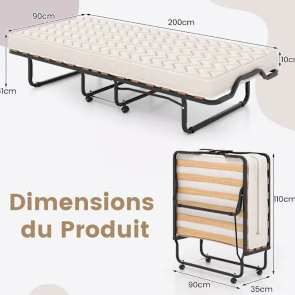 Sammenklappelig seng 90x200 cm COSTWAY, Sengestruktur med 4 hjul til gæster, 10 cm ortopædisk memory skum madras, Belastning 120 kg, Beige Färger: Svart + Beige | Fyndiq