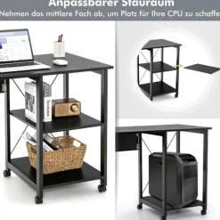 Sammenklappeligt computerbord med hylder og hjul, sort