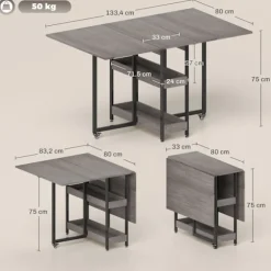 Sammenklappeligt spisebord i industrielt design, til op til 4 personer, åbne hylder, fleksibel, metal, spånplade, grå