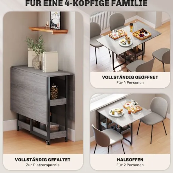 Sammenklappeligt spisebord i industrielt design, til op til 4 personer, åbne hylder, fleksibel, metal, spånplade, grå