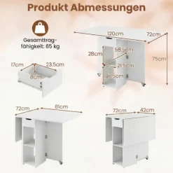 Sammenklappeligt spisebord med hjul, hylder og skuffe – hvid