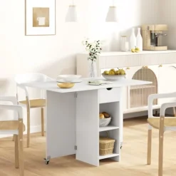 Sammenklappeligt spisebord, mobilt køkkenbord til 2-4 personer med åbne hylder, 1 skuffe, klapbord til små rum, spisestue 114,5 x 70 x 75 cm, hvid