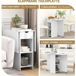Sammenklappeligt spisebord, mobilt køkkenbord til 2-4 personer med åbne hylder, 1 skuffe, klapbord til små rum, spisestue 114,5 x 70 x 75 cm, hvid