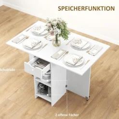 Sammenklappeligt spisebord, mobilt køkkenbord til 2-4 personer med åbne hylder, 1 skuffe, klapbord til små rum, spisestue 114,5 x 70 x 75 cm, hvid