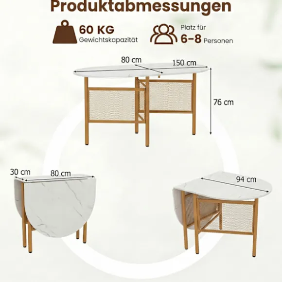 Sammenklappeligt spisebord til 6-8 personer, pladsbesparende, hvid/guld