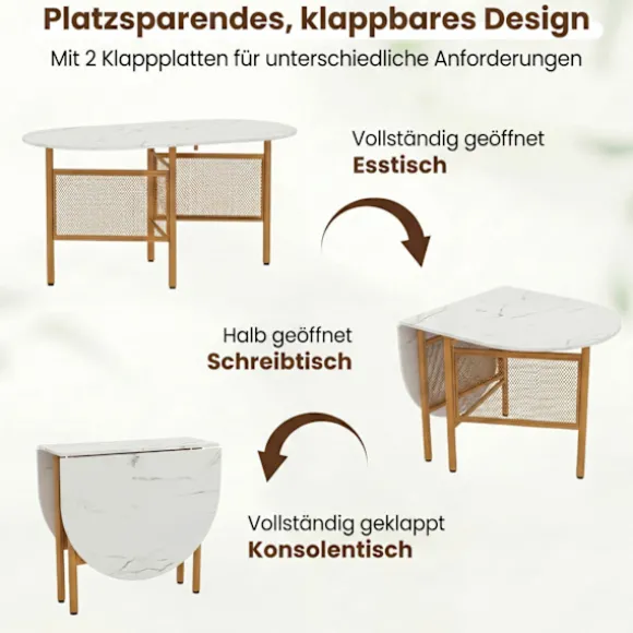 Sammenklappeligt spisebord til 6-8 personer, pladsbesparende, hvid/guld