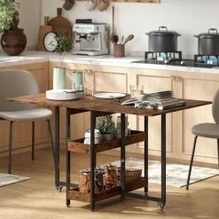 Sammenklappeligt spisebord i industrielt design, til op til 4 personer, åbne hylder, fleksibelt, metal, spånplade, brun