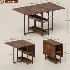 Sammenklappeligt spisebord i industrielt design, til op til 4 personer, åbne hylder, fleksibelt, metal, spånplade, brun