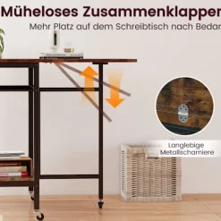 Sammenklappeligt spisebord med hjul og vinreol, rustik brun