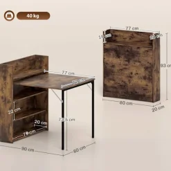 Sammenklappeligt spisebord med hylde, industriel stil, pladsbesparende, 80x90x93 cm