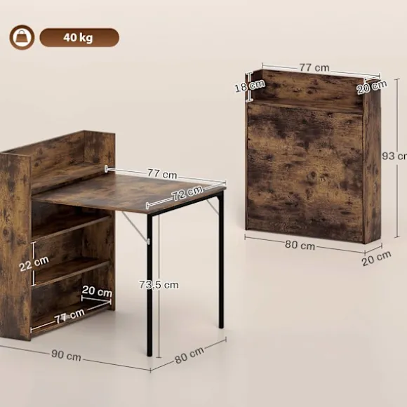 Sammenklappeligt spisebord med hylde, industriel stil, pladsbesparende, 80x90x93 cm