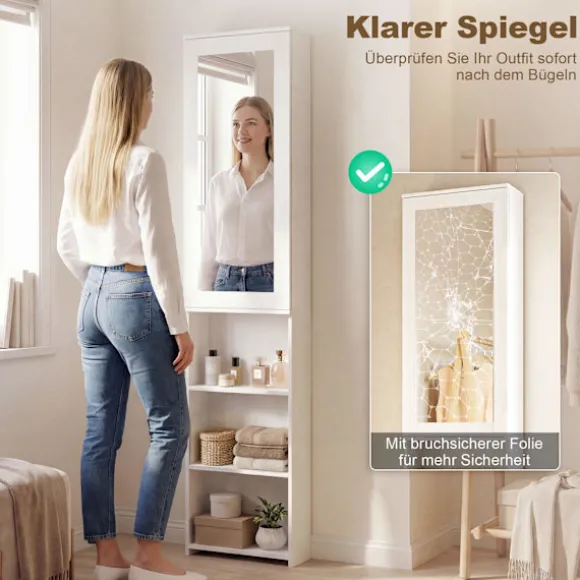 Sammenklappeligt strygebrætskab med spejl og hylder, hvid