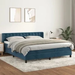 Seng med bunde og madras - Eksklusivt Hus - Mørkeblå fløjl - 180x200cm - Justerbar hovedgærde