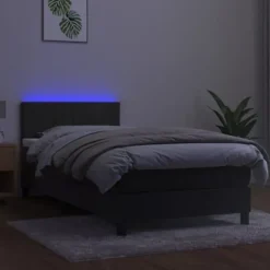 Seng med lameller med madras - 100x200 cm - Mørkegrå velour - Farverig LED-stribe - 2 pladser