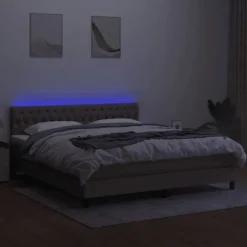 Seng med lameller og madras - Eksklusiv Hus - 160x200 cm - Taupe stof - Farvet LED-bånd
