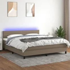 Seng med lameller og madras - Eksklusiv Hjem - 180x200 cm - Taupe Stoff - Farverig LED