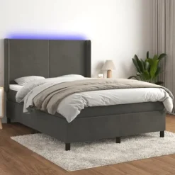 Sengebund med lameller med madras og LED - Mørkegrå - 140x190 cm - Hovedgærde inkluderet - 2 personer