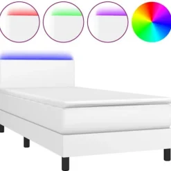 Sengebund med lameller og madras - Eksklusiv Hus - 80x200cm - Farvet LED - Hvidt kunstlærred