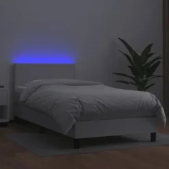 Sengebund med lameller og madras - Eksklusiv Hus - 80x200cm - Farvet LED - Hvidt kunstlærred
