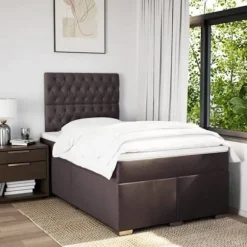 Sengestel med madras - Eksklusivt hjem - 120x190 cm - Mørkebrun stof - Justerbare LED USB