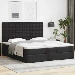 Sengestel med madras - Eksklusiv Hus - 180x200 cm - Syntetisk læder sort - Opbevaring under sengen sort, hvid