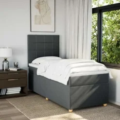 Sengestel med madras - 80x200 cm - Mørkegrå stof - LED lys - Justerbar hovedgærde