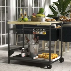 Serveringsvogn, Havevogn Med 2 Etager, Grillvogn Med Opbevaringskurv, Udendørs Køkkenvogn Med Håndtag, Kopholder, Grantræ