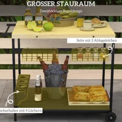 Serveringsvogn, Havevogn Med 2 Etager, Grillvogn Med Opbevaringskurv, Udendørs Køkkenvogn Med Håndtag, Kopholder, Grantræ