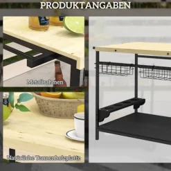 Serveringsvogn, Havevogn Med 2 Etager, Grillvogn Med Opbevaringskurv, Udendørs Køkkenvogn Med Håndtag, Kopholder, Grantræ