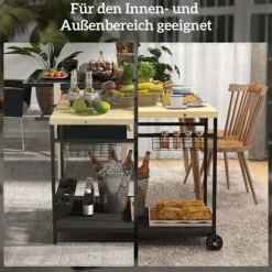 Serveringsvogn, Havevogn Med 2 Etager, Grillvogn Med Opbevaringskurv, Udendørs Køkkenvogn Med Håndtag, Kopholder, Grantræ