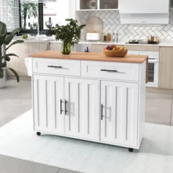Serveringsvogn med sammenklappeligt bord og 5 hjul | Skænk med opbevaringsskabe og 2 skuffer White+Natural