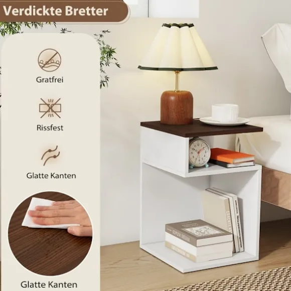 S-formet sidebord med 2 åbne hylder, hvid/valnød