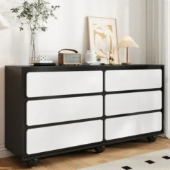【Sideboard 140x38cm Moderne】Kommode med 6 skuffer & spejl, Opbevaringsplads, Hvid højglans White
