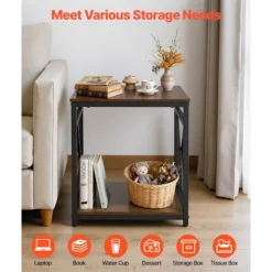 Sidebord - DUOKU - ZH639 - Kvadratisk 45,7x45,7x51 cm - 2 niveauer - Vintage brun træ & sort metalramme Brun vintage + svart