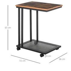 Sidebord C-Formet Rullevogn, Serveringsvogn, Sidebord, Træ + Metal, Sort + Valnød, 51X36X65 Cm