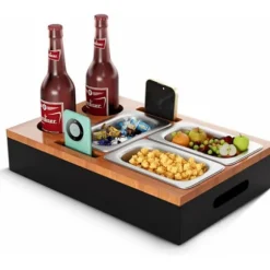 Sidebord med 7 rum - vinreol - drikkevareholder - snackboks - snackskål i rustfrit stål med håndtag - opbevaringsplads til stuen