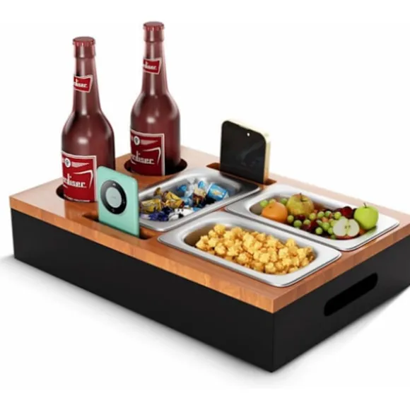 Sidebord med 7 rum - vinreol - drikkevareholder - snackboks - snackskål i rustfrit stål med håndtag - opbevaringsplads til stuen