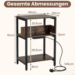Sidebord med ladestation, 3-lags, rustik brun