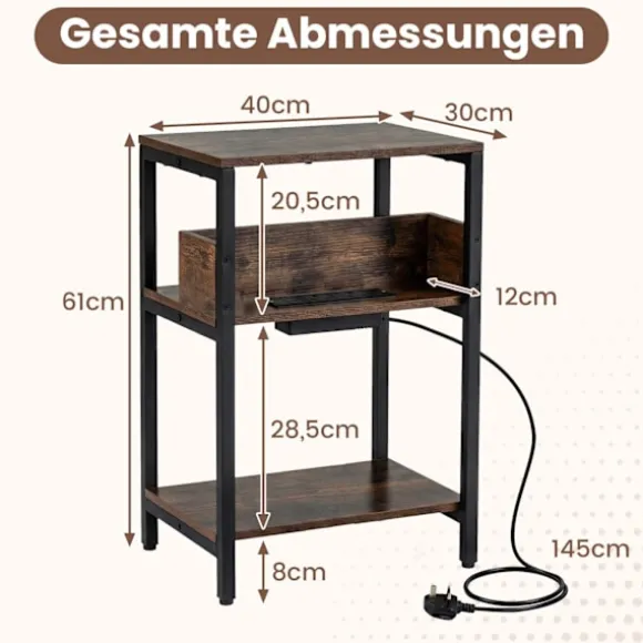Sidebord med ladestation, 3-lags, rustik brun