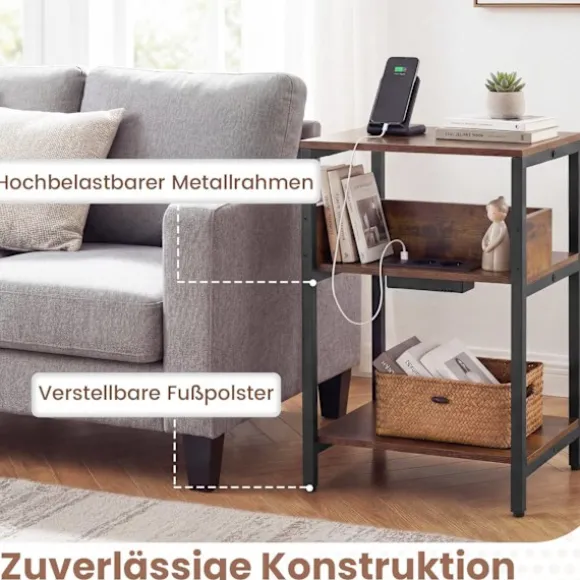 Sidebord med ladestation, 3-lags, rustik brun
