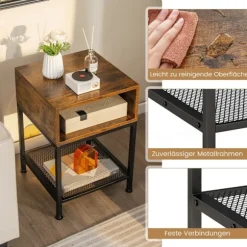 Sidebord med opbevaringsrum og gitterhylde sengebord med metalstel 40 x 40 x 57,5 ​​cm