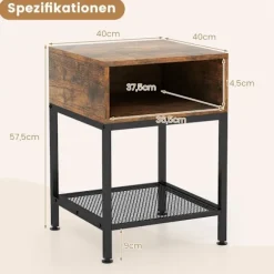 Sidebord med opbevaringsrum og gitterhylde sengebord med metalstel 40 x 40 x 57,5 ​​cm