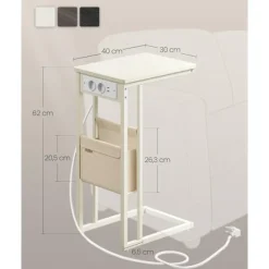 Sidebord, Natbord med Stik, C-formet, Sofabord, Cremefarvet