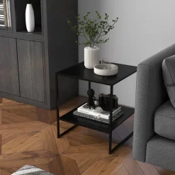 Sidebord Sofabord med hylde Sofabord med stålstel Sengebord til Stue Soveværelse Sort 40 x 40 x 45 cm