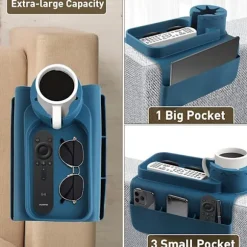 Silikone Sofakopholder - Skridsikker Sofa Armlæsbakke med Kopholder og 4 Lommer, Foldbar Sofa Armlæsbakke (Mørkeblå) Dark Blue