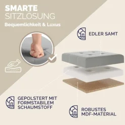 Skammel grå fløjl 42x38x38cm foldbar