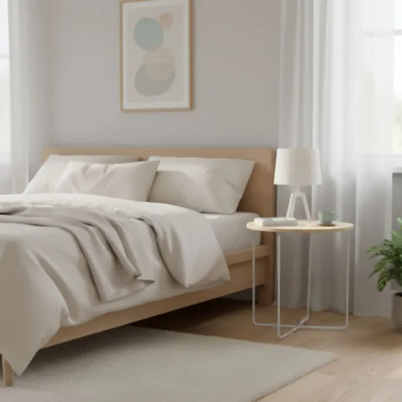 Skandinavisk sidebord, lyst træ og hvidt metal