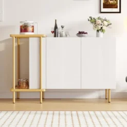 Skænk 120 cm hvid med 2 døre & 2 rum + sofabord metal/glas, 77,5 cm høj, moderne White
