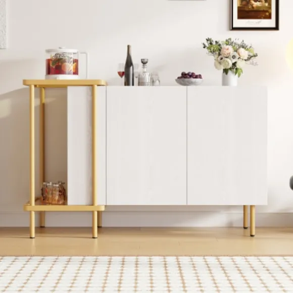 Skænk 120 cm hvid med 2 døre & 2 rum + sofabord metal/glas, 77,5 cm høj, moderne White