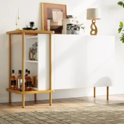 Skænk 120 cm hvid med 2 døre & 2 rum + sofabord metal/glas, 77,5 cm høj, moderne White